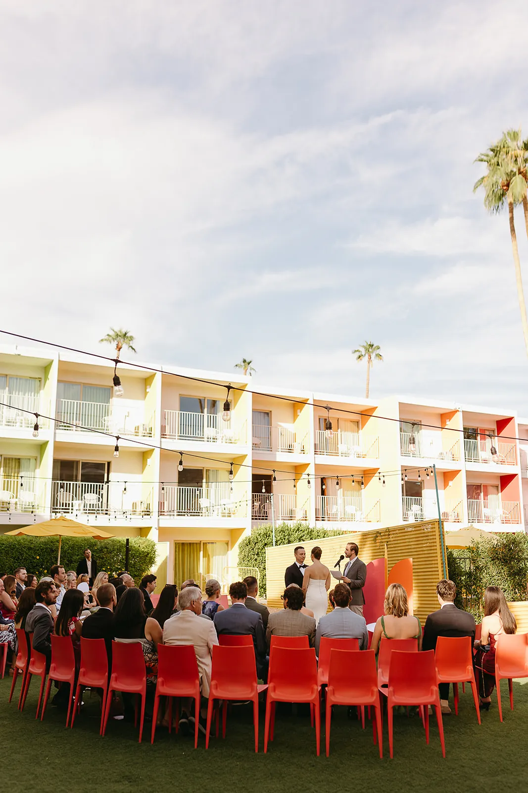 Palm-lined wedding ceremony at a Palm Springs venue